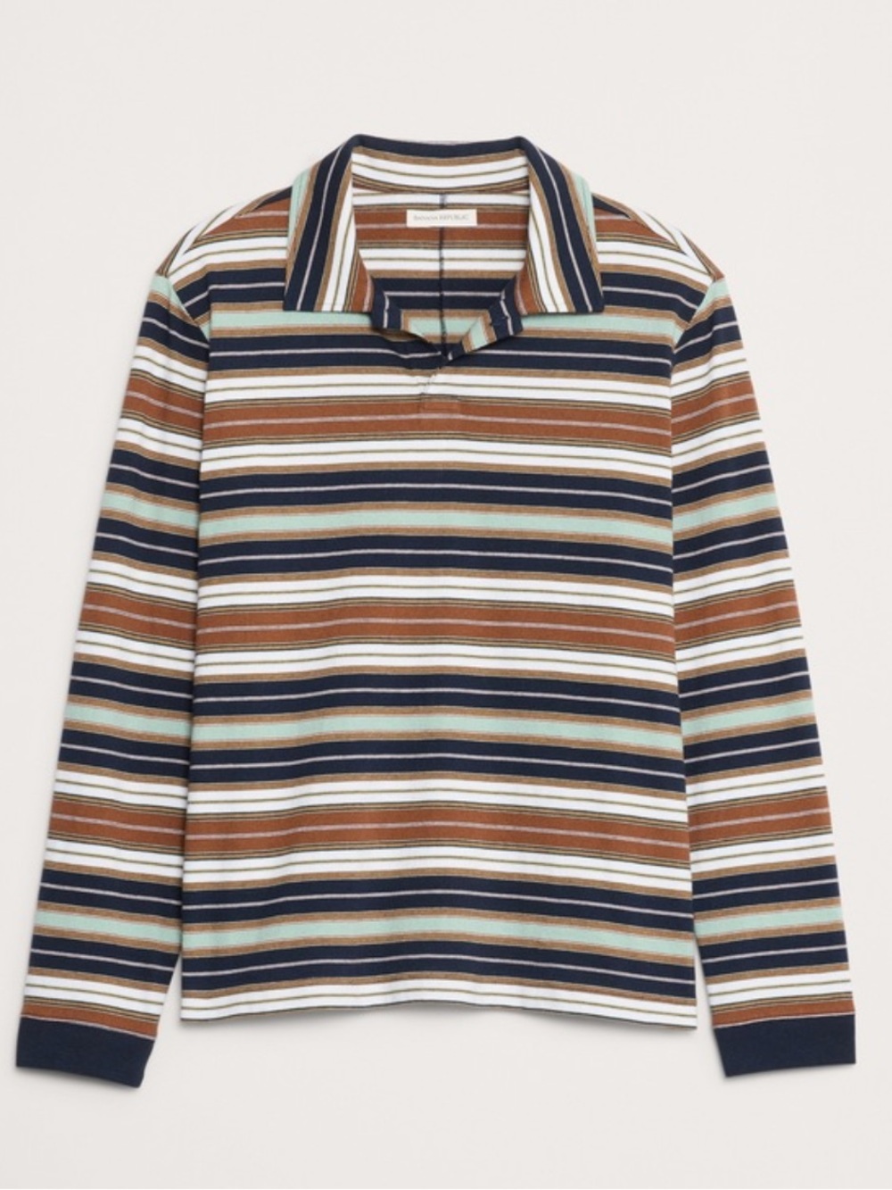 Striped Long-Sleeve Polo Shirt in Navy, Brown & Cream